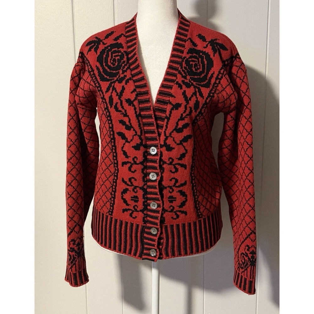 80s/90s Lambswool Cardigan Red Floral Black Rose Baroque Gothic Jacquard Sz L
